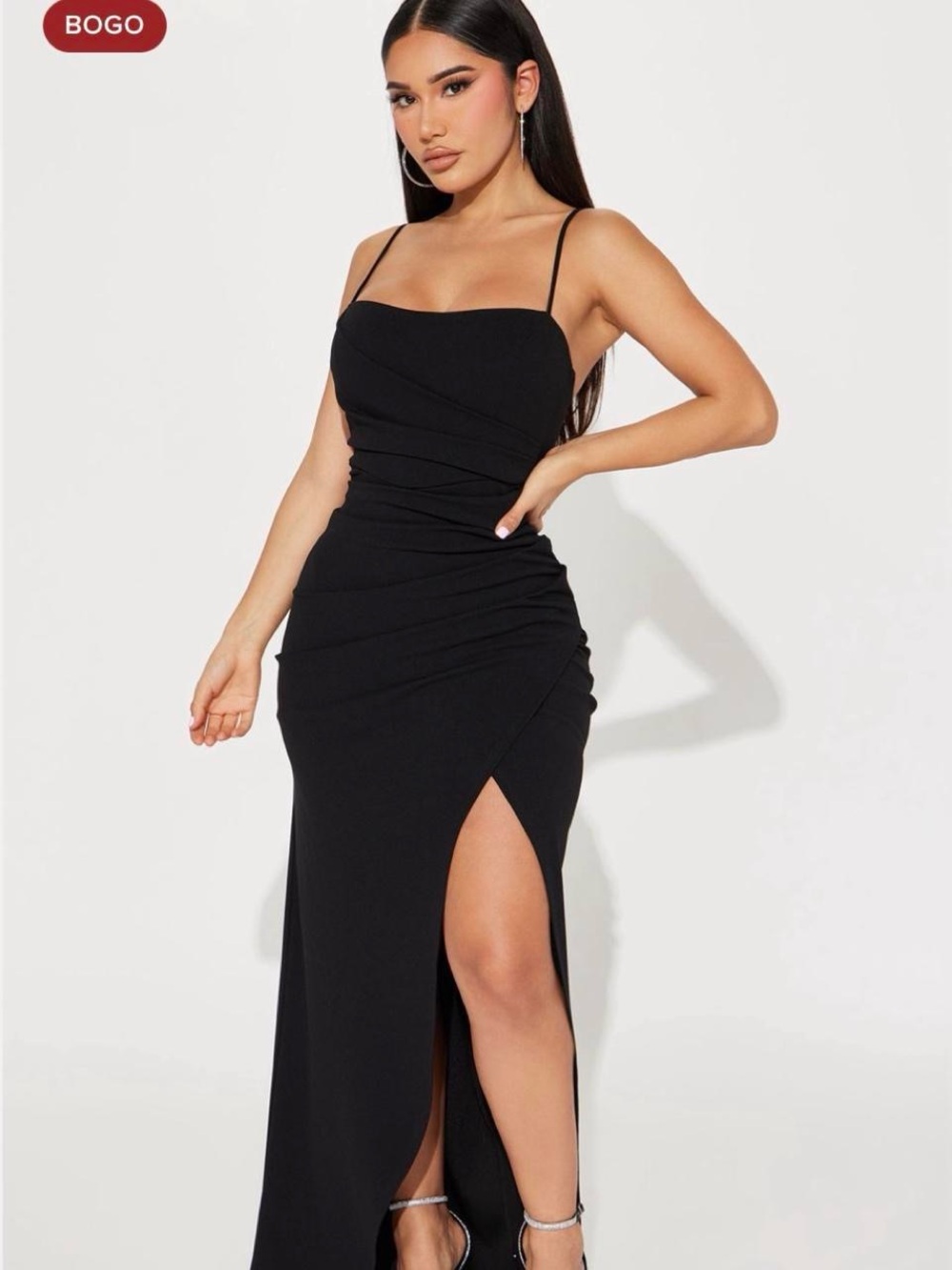 Fashion Nova Black Strapless Ruched Maxi Dress with Thigh Slit